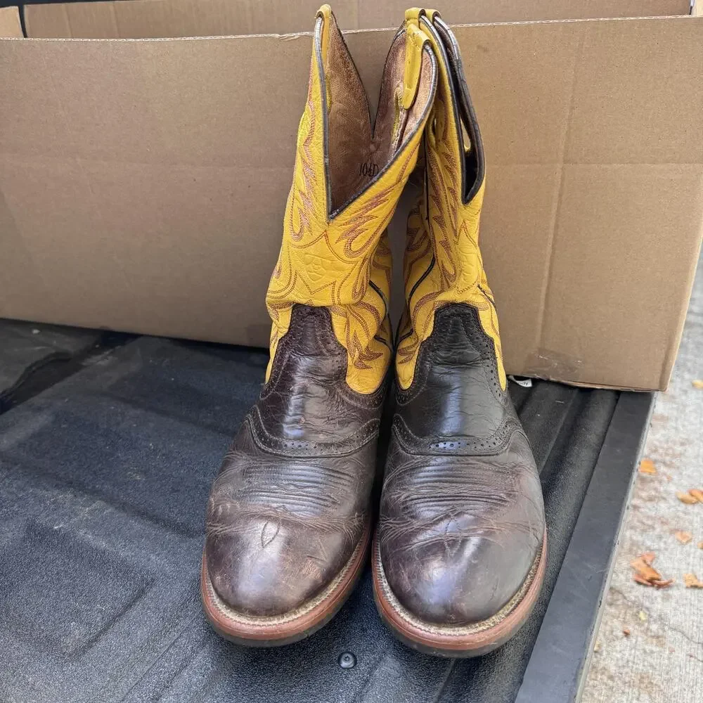 Ariat Boots Mens Size‎ 10.5 D Brown Yellow Leather Western Cowboy Pull Holes ATS